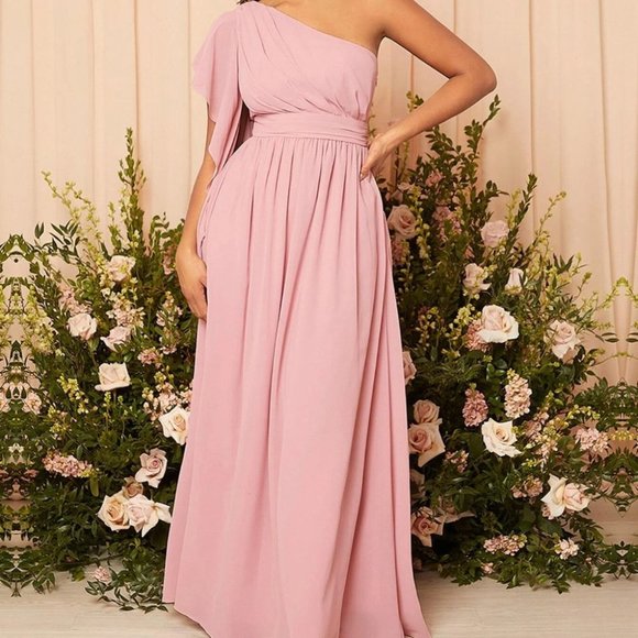 Pink Ruched Chiffon One Shoulder Maxi Dress - Picture 1 of 5